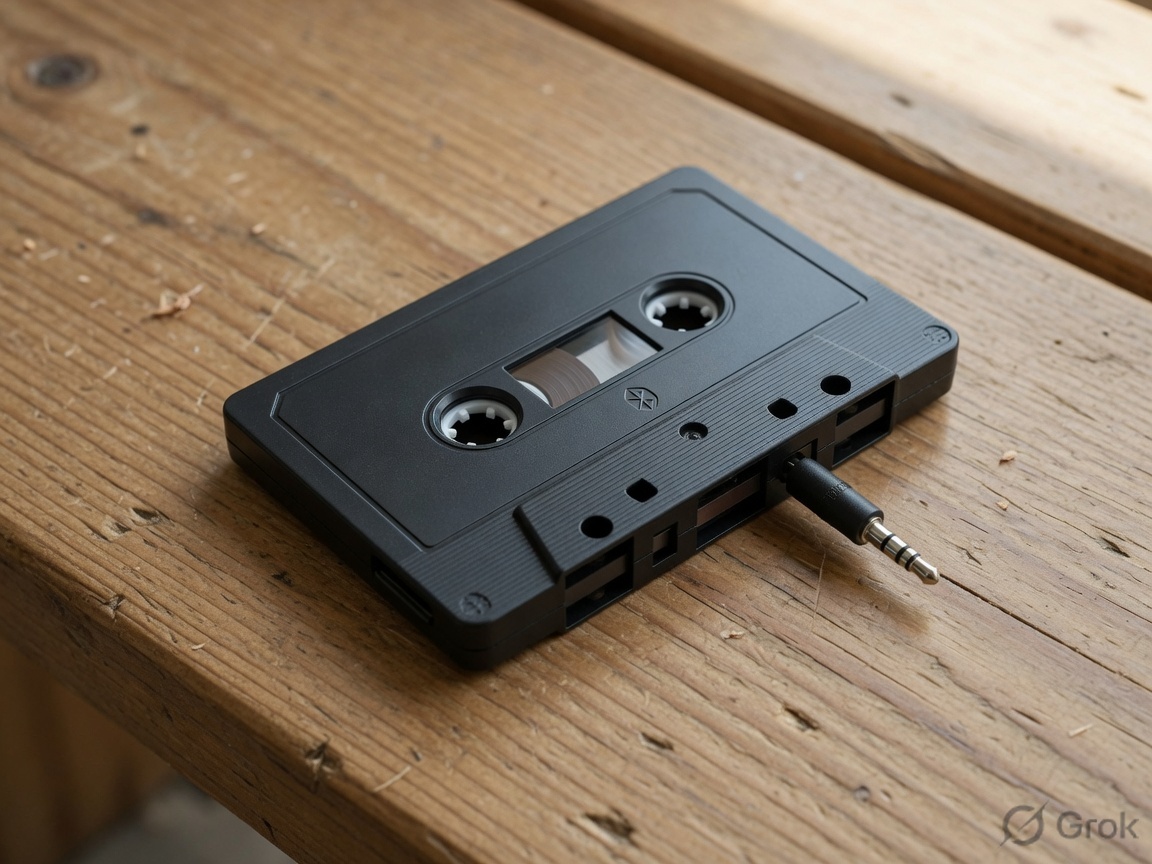 Black cassette-shaped aux adapter with a 3.5mm plug on a wood bench
